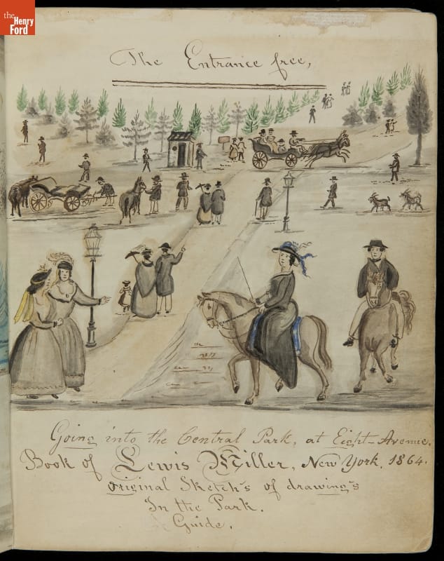 Page with hand-written text and painting of people on horseback, pedestrians, and carriages in a park