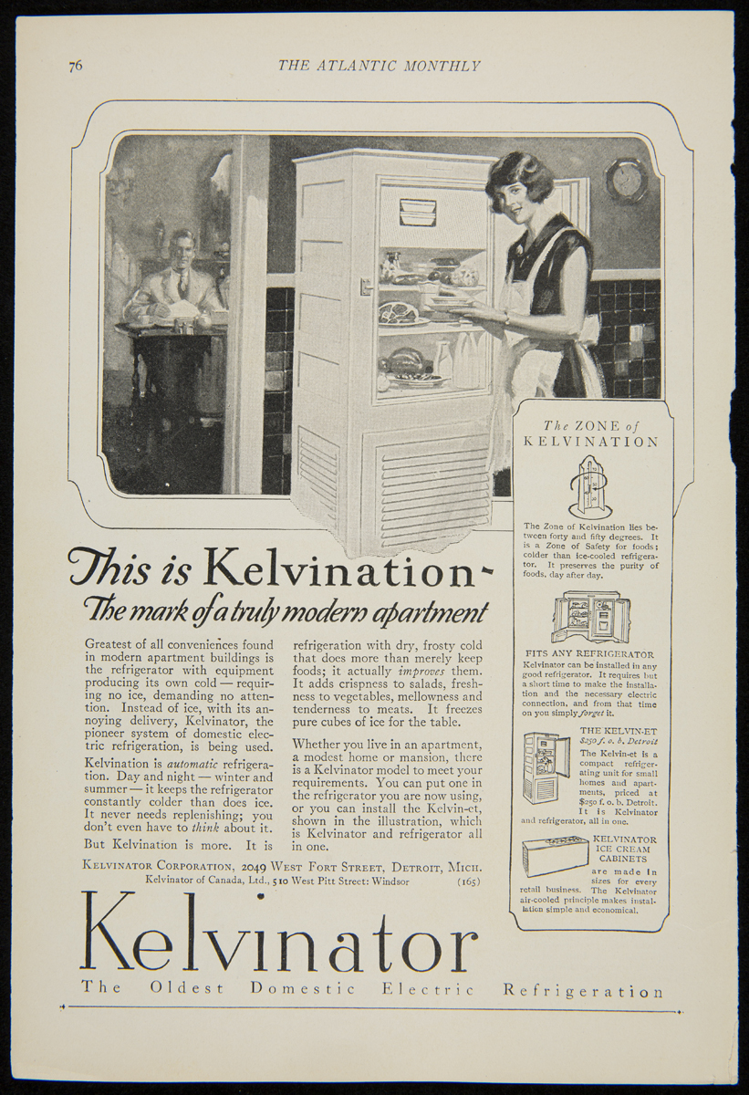 Kelvinator Refrigerator Advertisement, "This is Kelvination," November 1925 Kelvinator ad, 1925, showing a woman in an apron at a refrigerator and text explaining “kelvination”