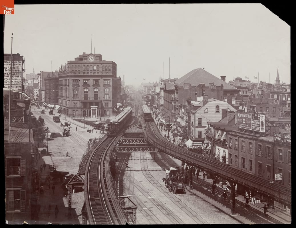 Elevated Railroad at Cooper Union and 4th Avenue, New York, New York, circa 1900 Aerial, black-and-white photo of elevated train tracks, roads, and buildings
