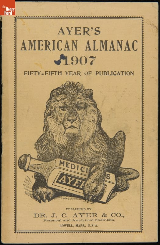 Beige page with etching of recumbent lion holding large bottle in its front paws; also contains text
