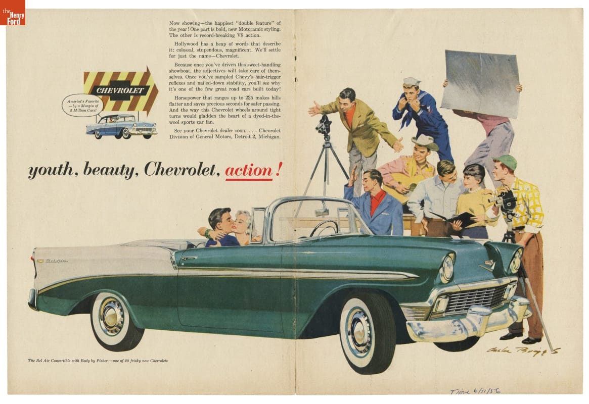 Two-page spread with text and image of movie production filming a couple embracing in a green and white convertible car