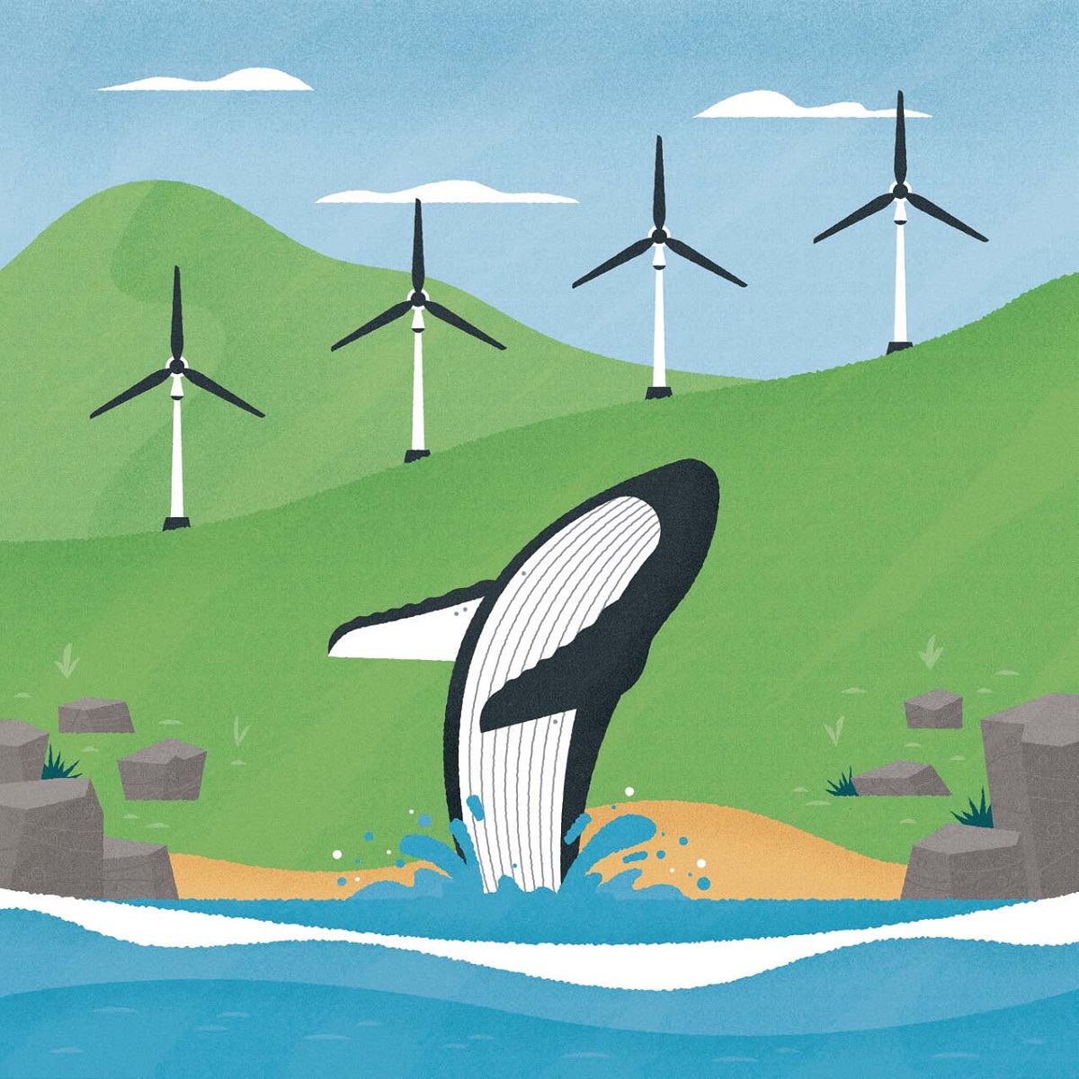 Illustration of humpback whale extending vertically out of water while behind it are wind turbines on a grassy hill