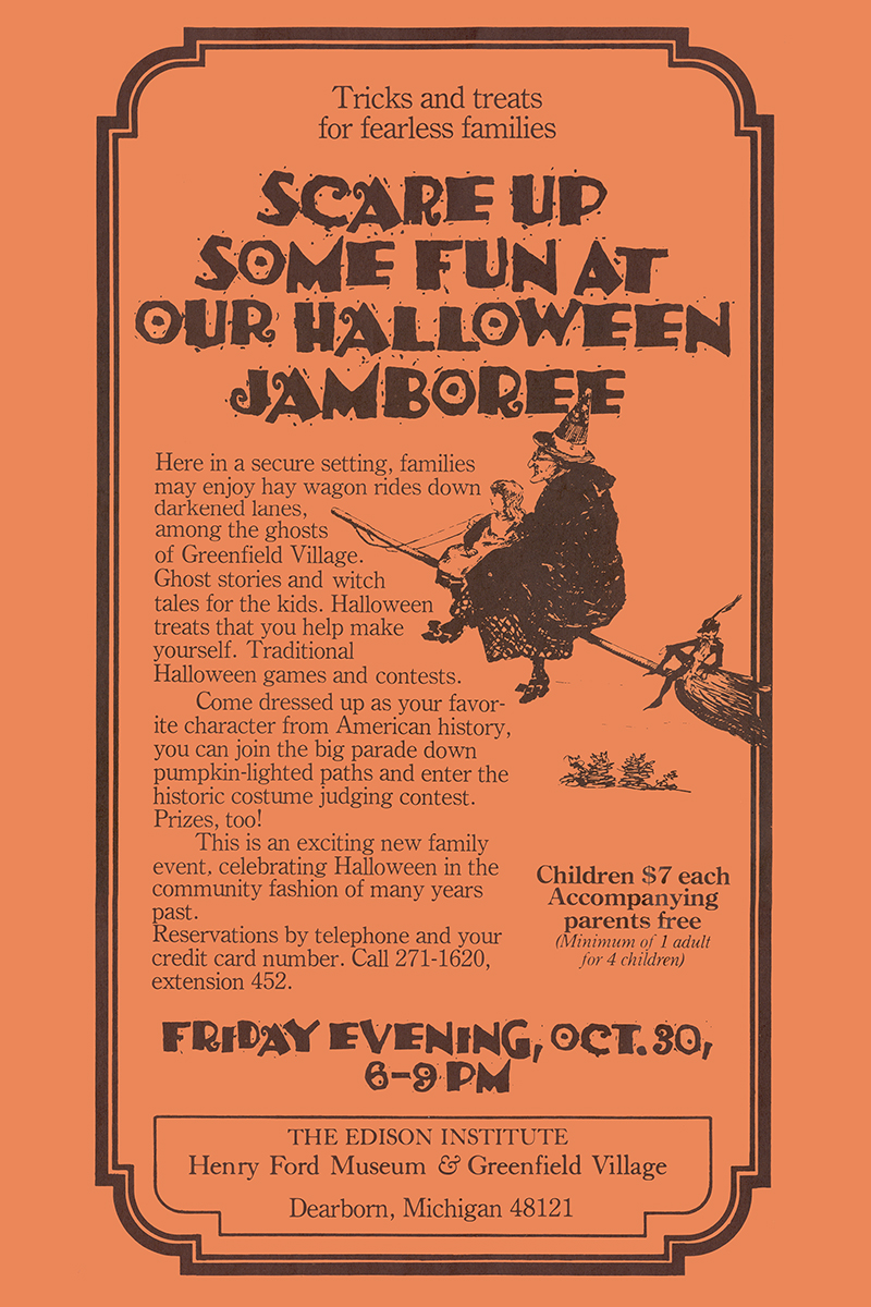 Flier for 1981 Halloween Program Orange flier with black text and image of witch on broomstick