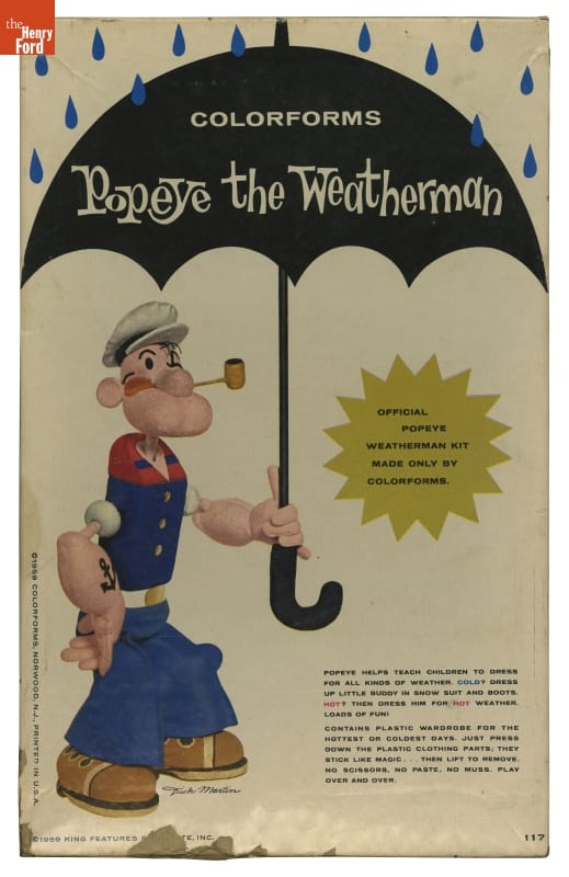 White page with sailor character Popeye holding a large black umbrella underneath blue raindrops; also contains text