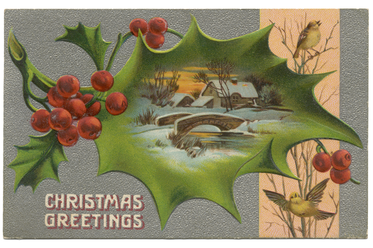 Christmas Greeting Postcard, "Christmas Greetings," 1909 Postcard with images of birds, holly berries, and a holly leaf containing an image of a stone bridge and houses in snow