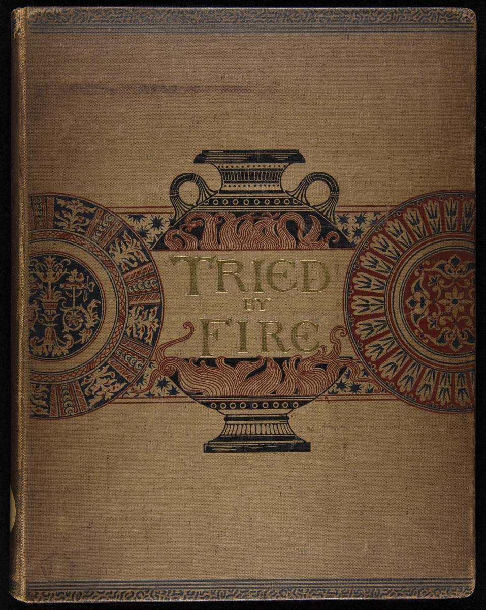 Brown book cover with decorative round pattern and pot with text "Tried by Fire"