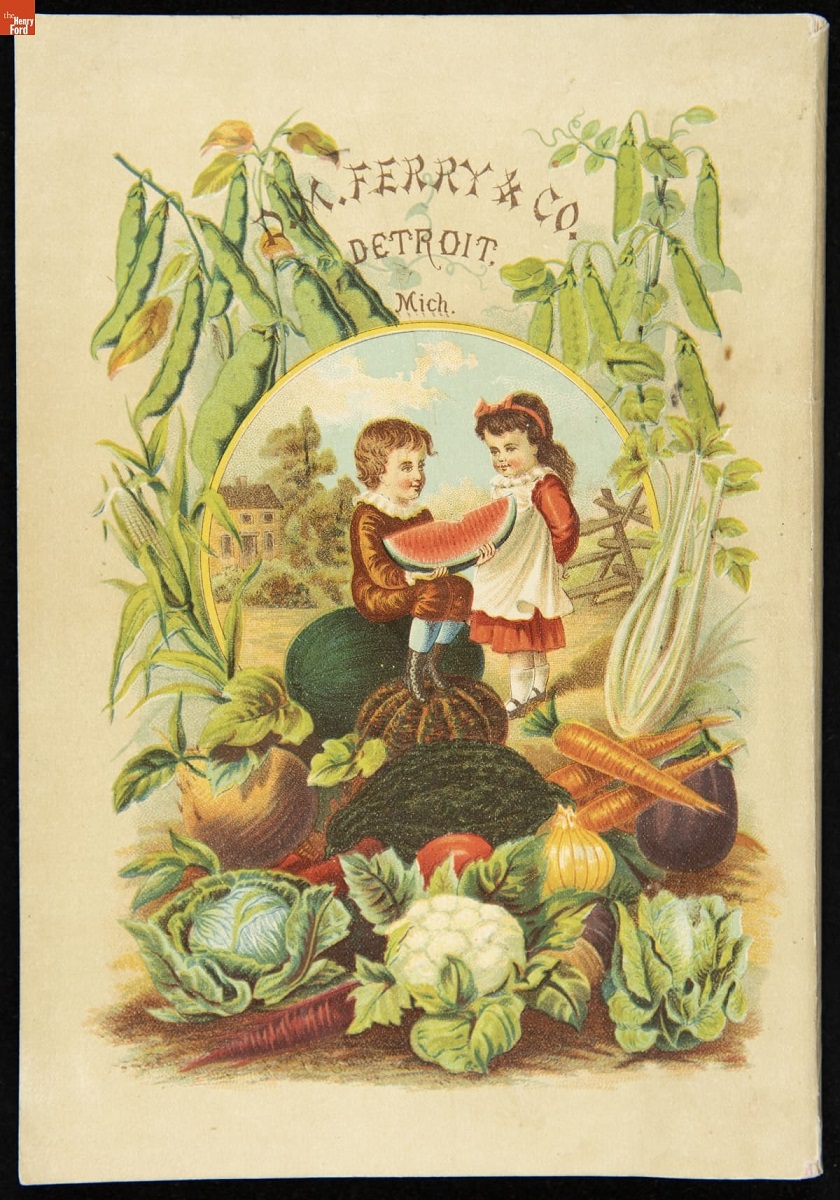 D.M. Ferry & Co. Seed Annual Descriptive Catalogue, 1883, back cover Two children, one holding a piece of watermelon, among a variety of fruits and vegetables