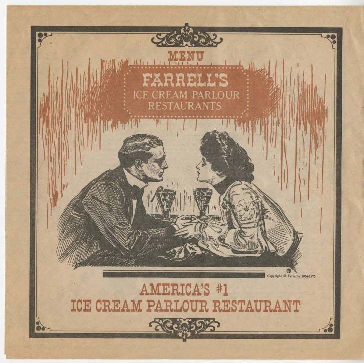 Sheet with image of Victorian man and woman holding hands at a table; also contains text