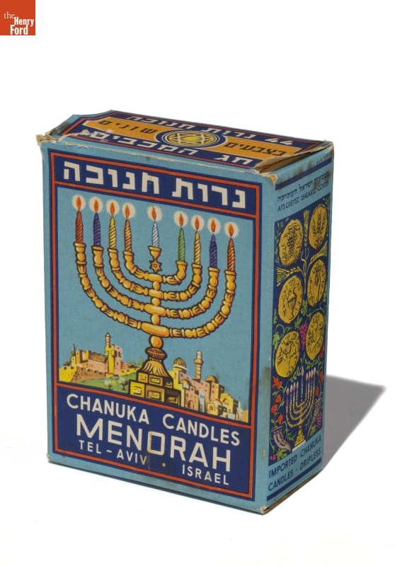 Chanuka Candles, 1946-1980 Blue box with image of menorah and text that reads in part "Chanuka Candles Menorah"