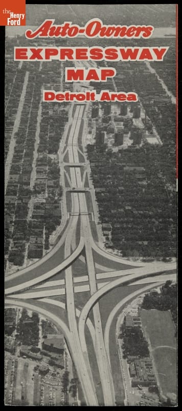 "Auto-Owners Expressway Map, Detroit Area," Michigan, 1955 Pamphlet cover showing complex highway interchange; also contains text