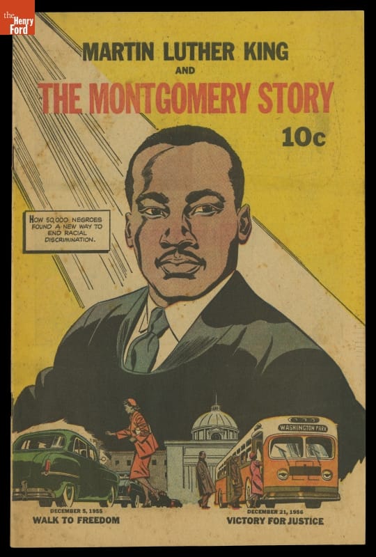 Comic Book, "Martin Luther King and the Montgomery Story," 1957 Illustration of Black man in suit with smaller inset images of busses, also contains text