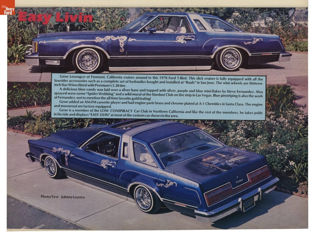 Page with text and two views of long, blue car with decorative painting on sides and trunk