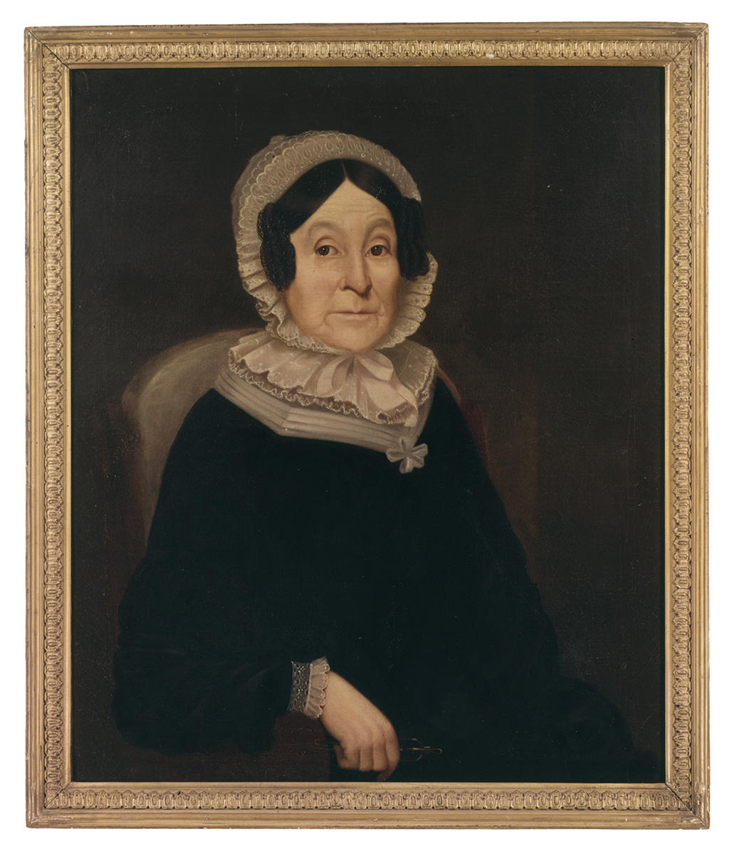 Painting of seated woman in dark dress with light collar and hat