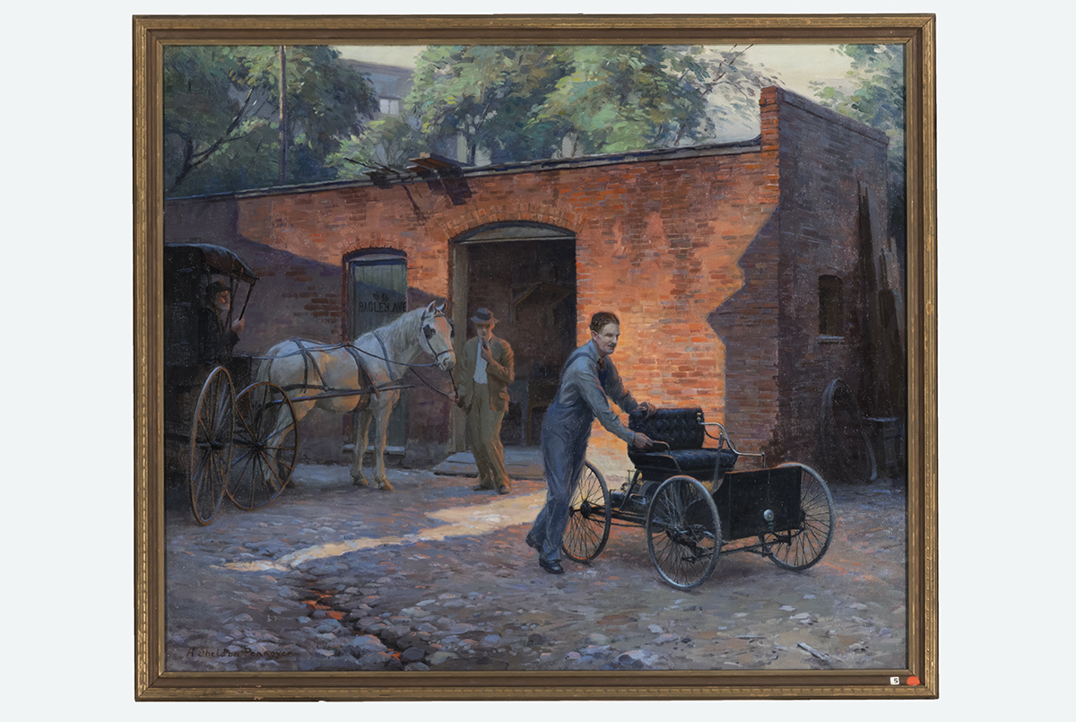 Framed painting of man in overalls pushing an early open automobile as a man holding a horse hitched to a carriage looks on 
