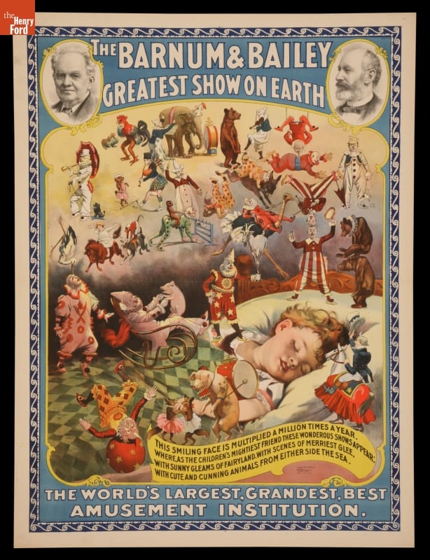 Poster with text and image of sleeping child, surrounded by smaller images of circus performers and animals