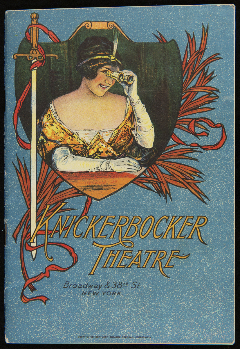 Blue program cover with text and shield-shaped image of woman with lorgnette, next to sword and decorative elements