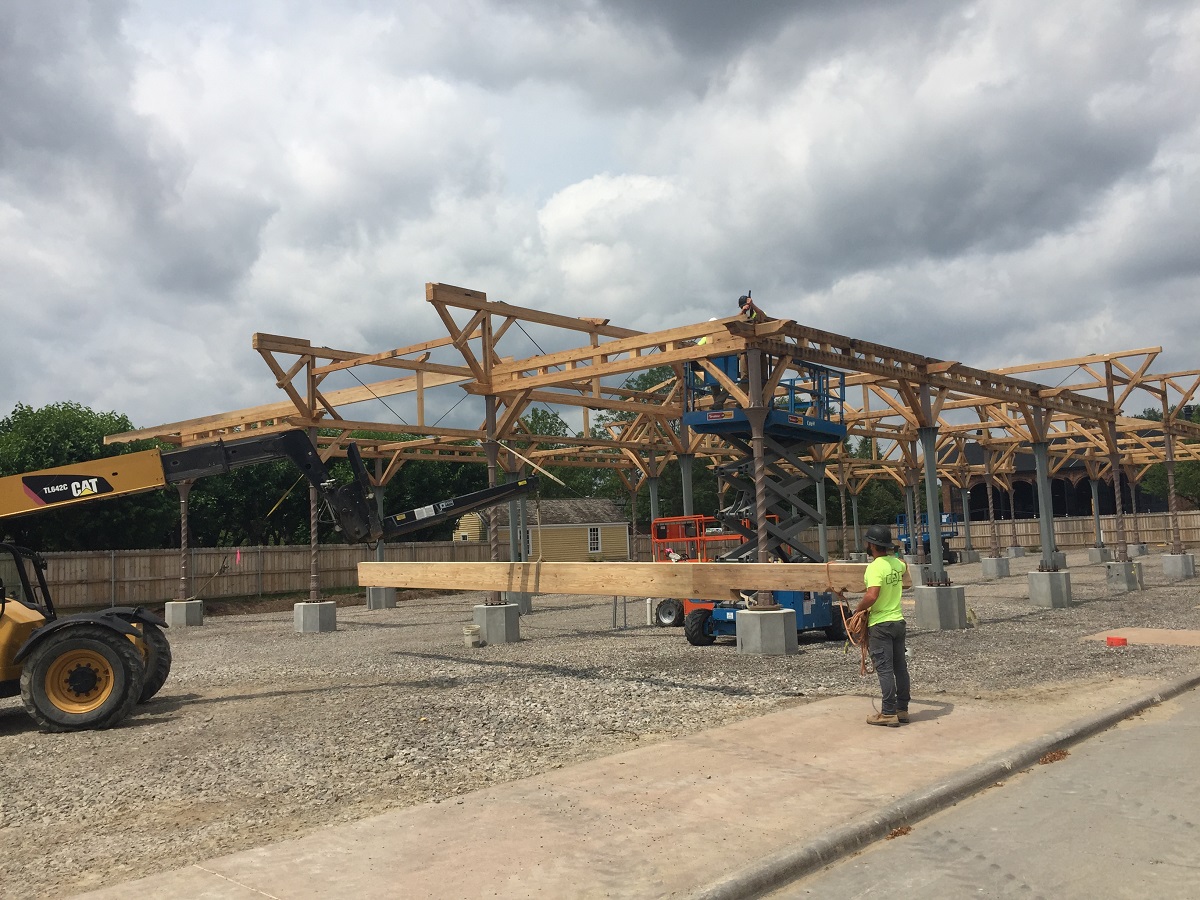 Central Market vegetable shed reconstruction, July 2021 Construction site with building framework, people, and construction equipment