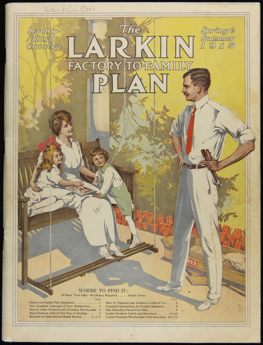 Man standing with hands on hips on porch or gazebo with woman and two children on swing nearby; also contains text