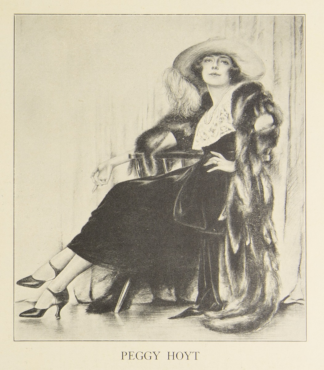 Illustration of seated woman in dress, hat, and fur coat with text "Peggy Hoyt"