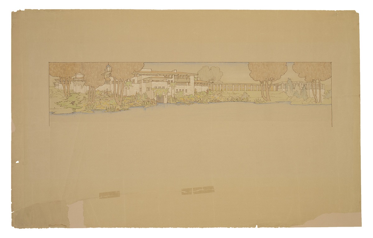 Drawing of large white house with trees and other greenery in front