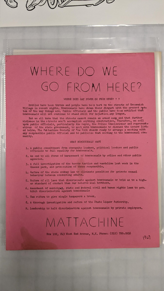 Flier created by the Mattachine Society Pink page with text