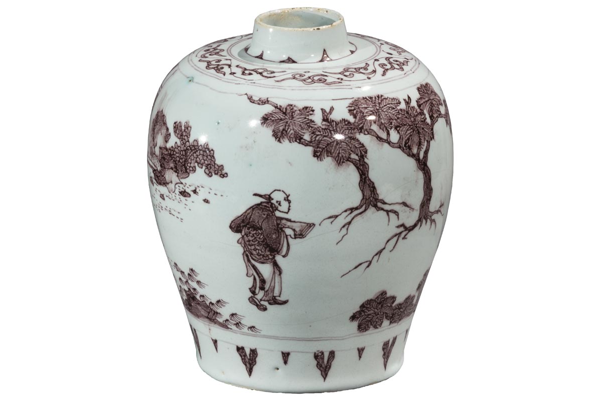 White jar with medium base tapering out to wider near top with a narrow mouth; decorated with brown human figures and trees