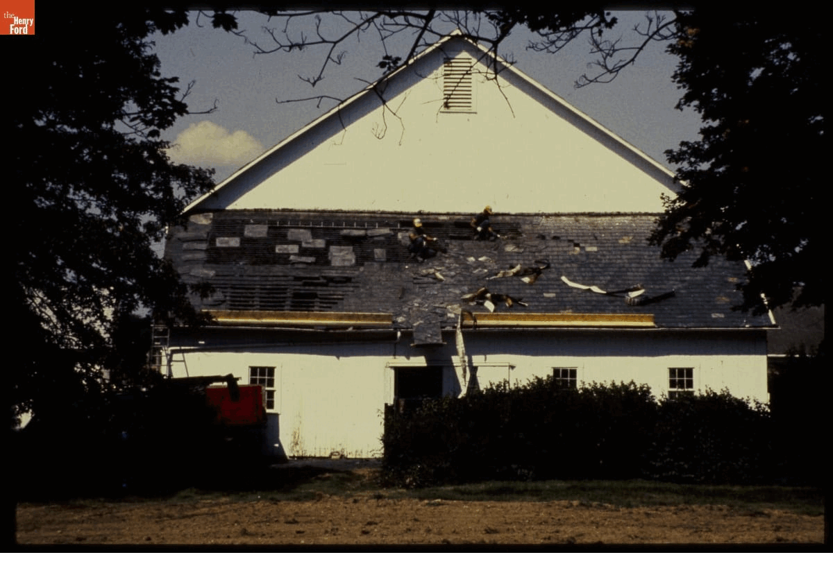 GIF that cycles through four images of deconstructing a barn, from the full building down to the beam structure