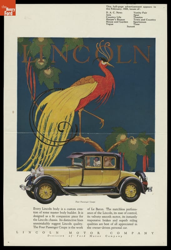 Page with text and image of car underneath large fancy red and yellow bird against peacock-blue background