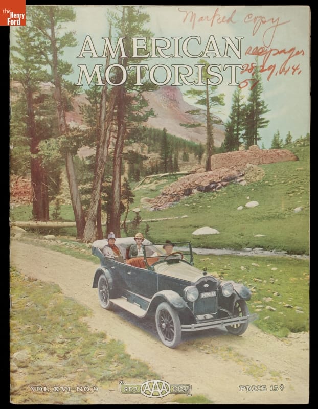 "American Motorist," September 1924 / cover Four people in blue car on road through greenspace with trees and mountains in the background; also contains text