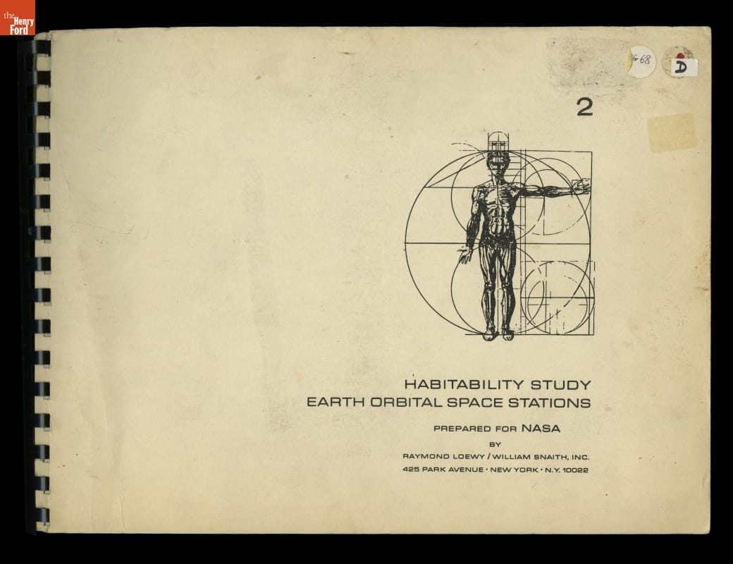 Page with spiral binding at left edge, text, and image of human figure with interlinked circles similar to Da Vinci's Vitruvian Man