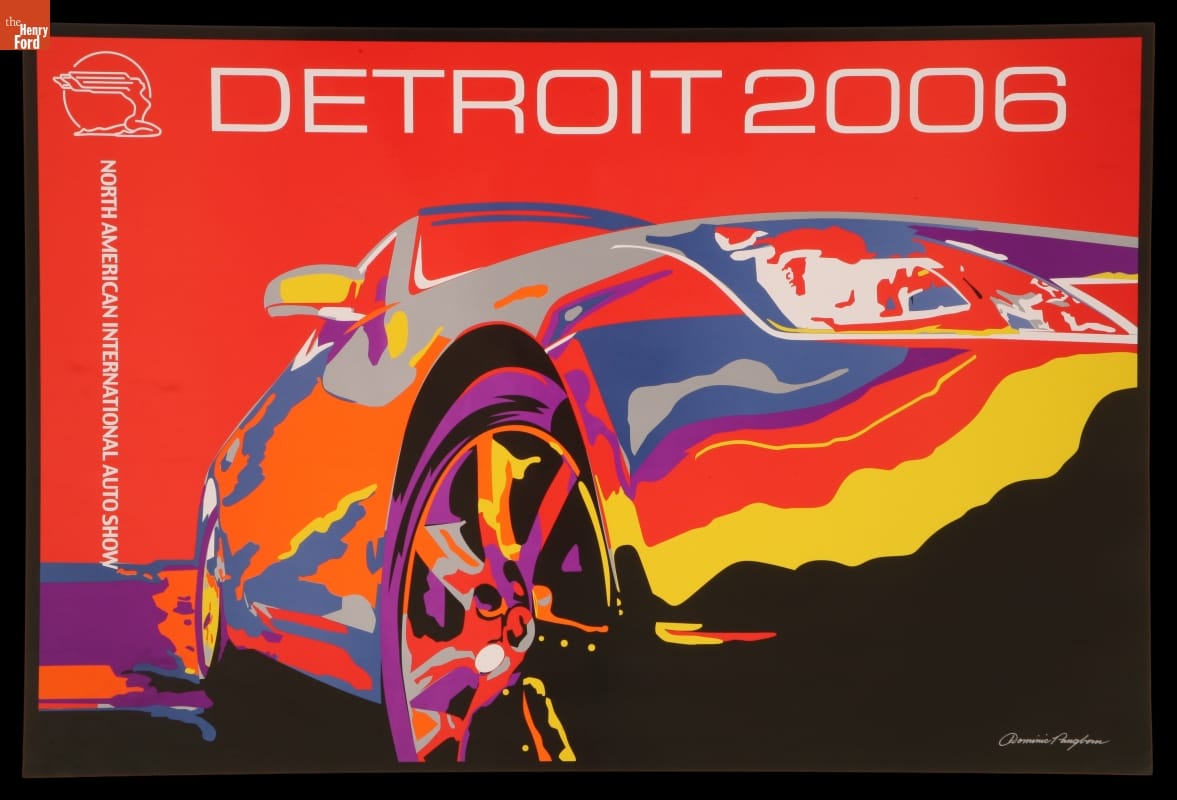 Auto Show Poster, "Detroit 2006: North American International Auto Show" Artwork of car in various colors running together like paint, on a red background that contains text