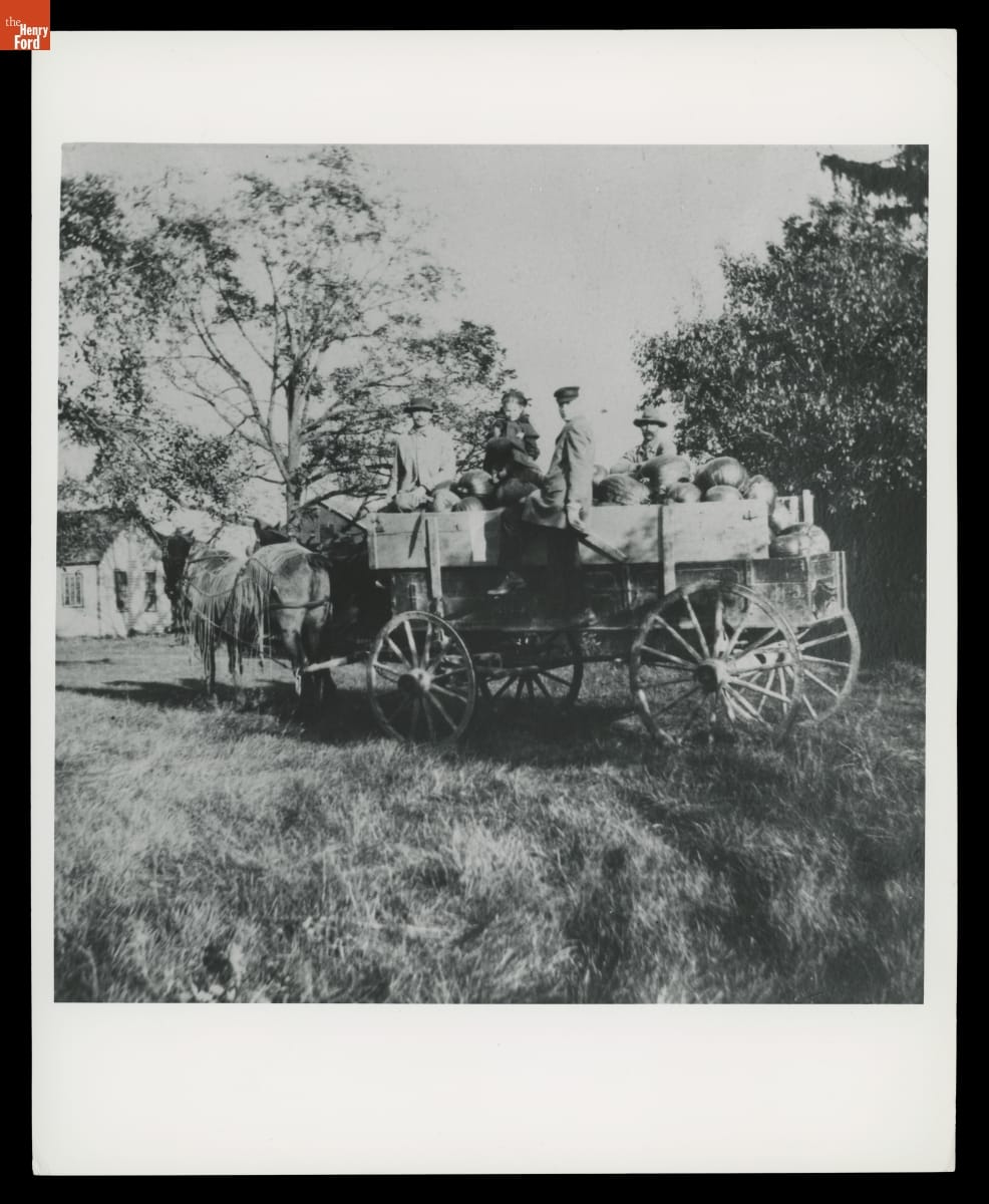 Wagon Carrying Pumpkins at the Ten Eyck Farm, Dearborn, Michigan, circa 1905 Horse-drawn wagon filled with pumpkins with several people inside