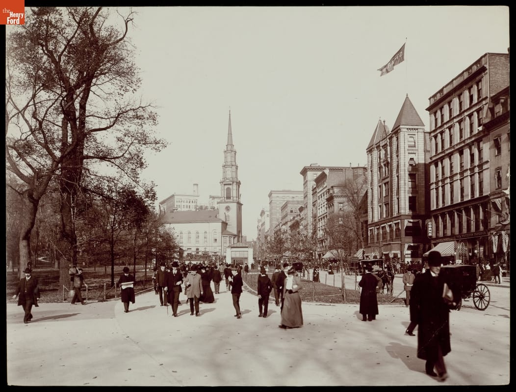Tremont Street Mall and Boston Common, Boston, Massachusetts, circa 1905 Black-and-white photo of people strolling through a park with a road and buildings visible to the right