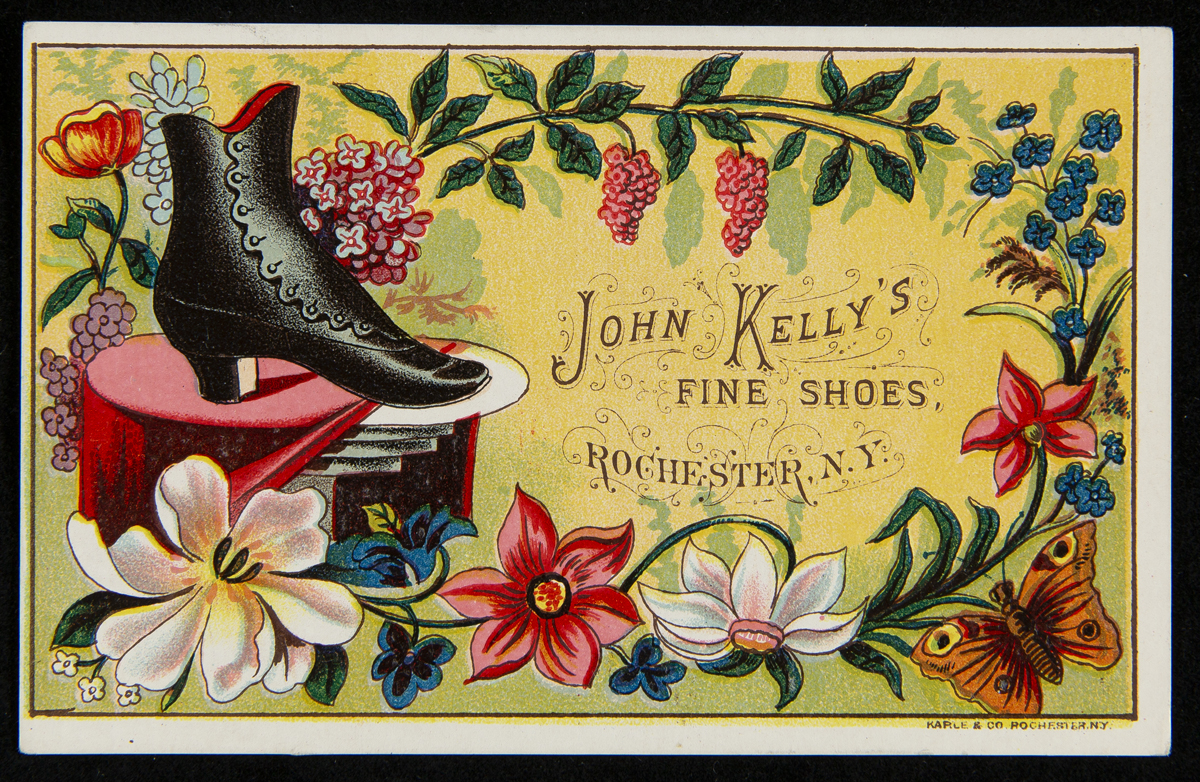 Yellow card with drawing of black lace-up shoe and flowers around edge of card; text in middle