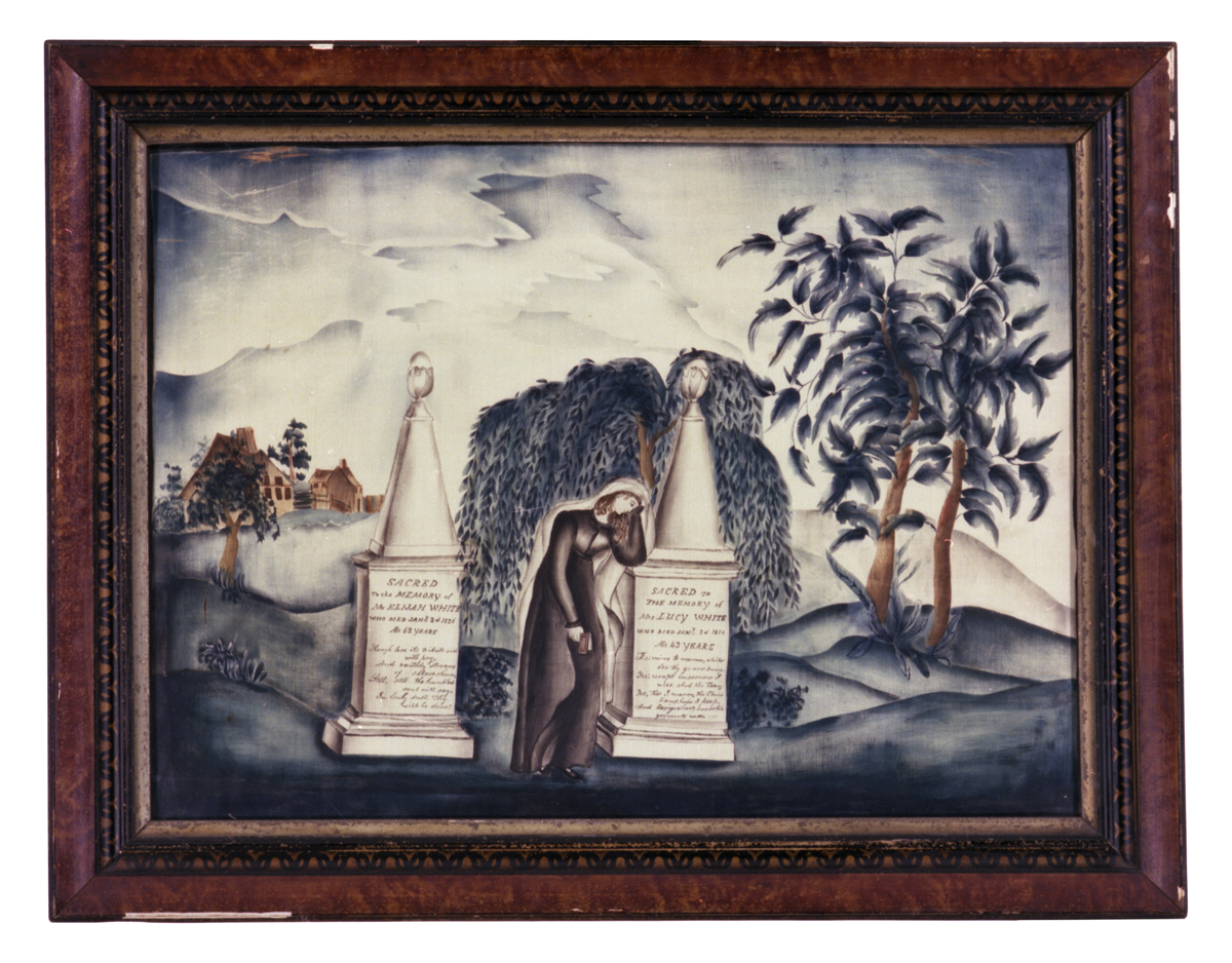 Memorial Painting for Elijah and Lucy White, circa 1826 Painting of woman in gray dress leaning despondently on one of two memorials containing text