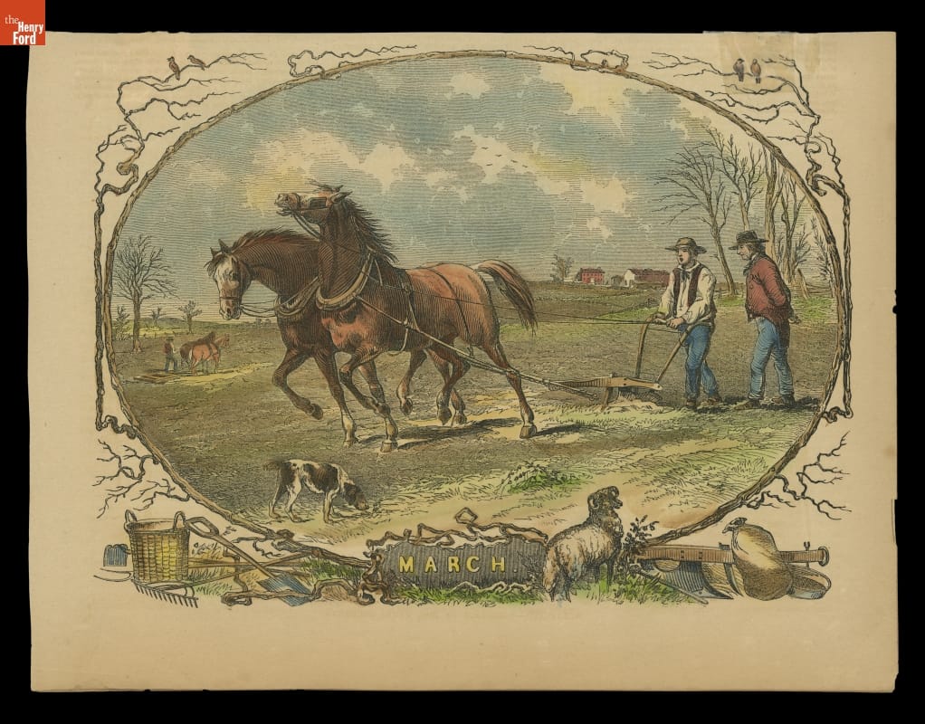 Oval illustration showing two horses and two men plowing a field with another team and farmhouse in the background; contains text "March"
