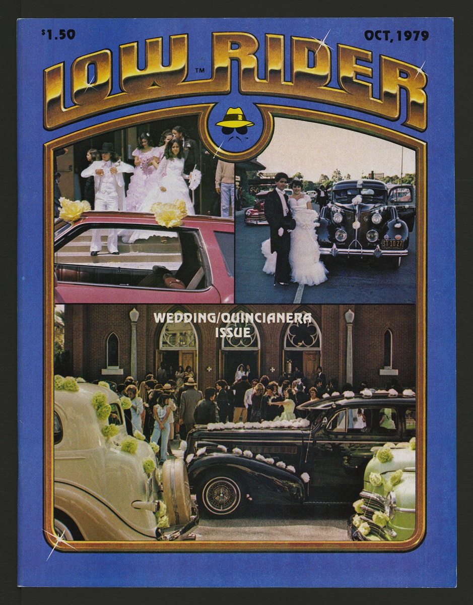 Low Rider Magazine, Wedding/Quinceanera Issue, October 1979 Blue magazine cover with three photos of people in formal dress with decorated cars; also contains text