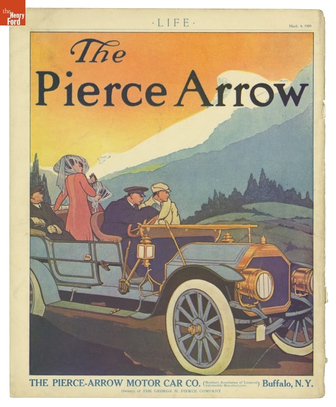 1909 Pierce-Arrow Motor Car Company Advertisement Color print of people in long, open blue car; also contains text