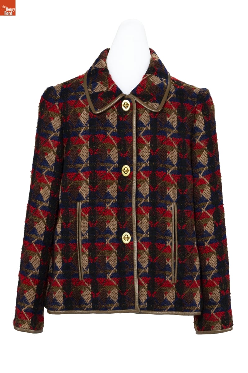 Jacket in brown, beige, navy, and rust-colored check or hounds tooth pattern