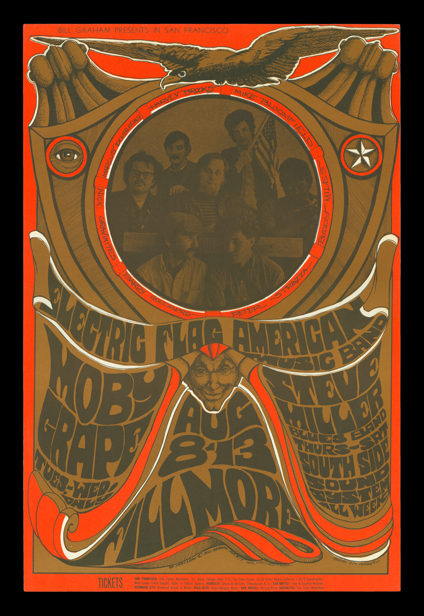 "Psychedelic" style poster in shades of brown and red featuring text and image of band 