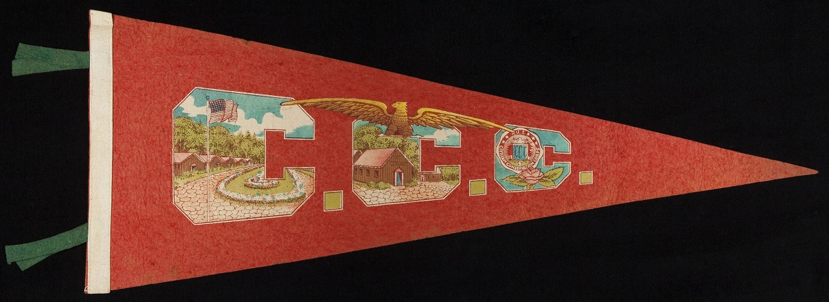 Red pennant with golden eagle and block letters "C.C.C." containing additional images