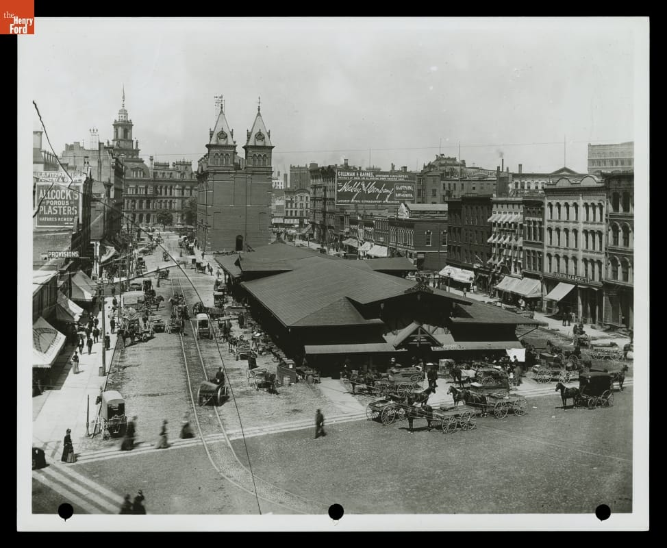 Historic view of the Detroit Central Farmers Market, taken in the late 1880s.