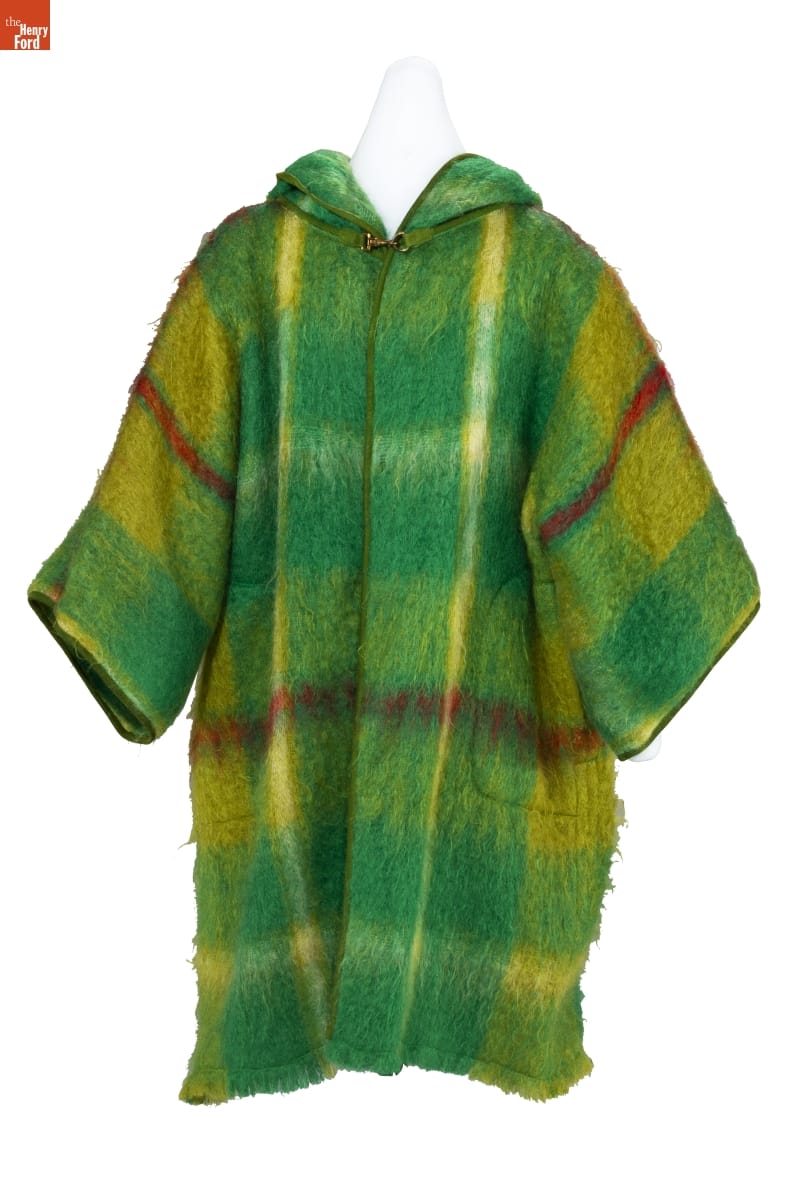 Apple green, mustard yellow, and brown plaid boxy mohair coat with wide sleeves