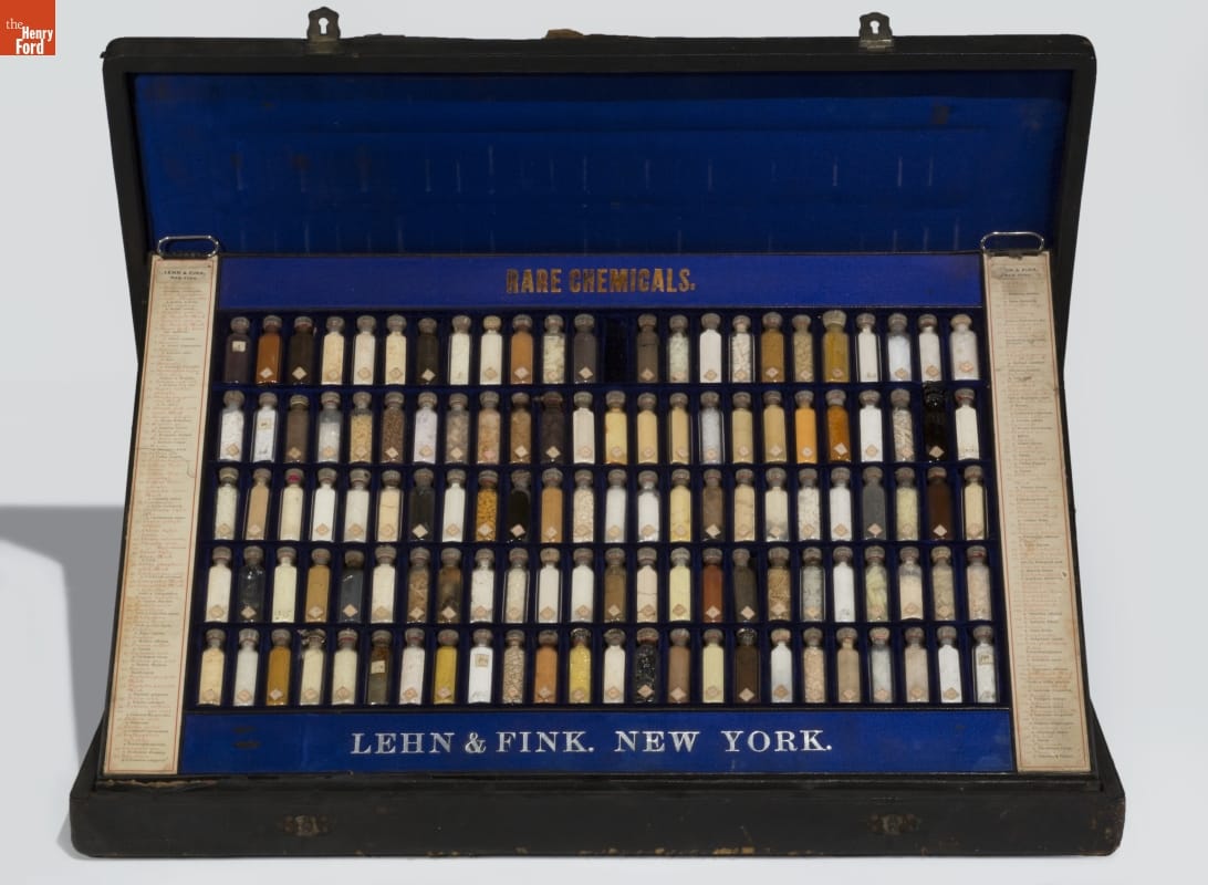 Merck Pharmaceutical Samples, circa 1884 Case lined in blue velvet with insert standing up to display many small vials; also contains text labels