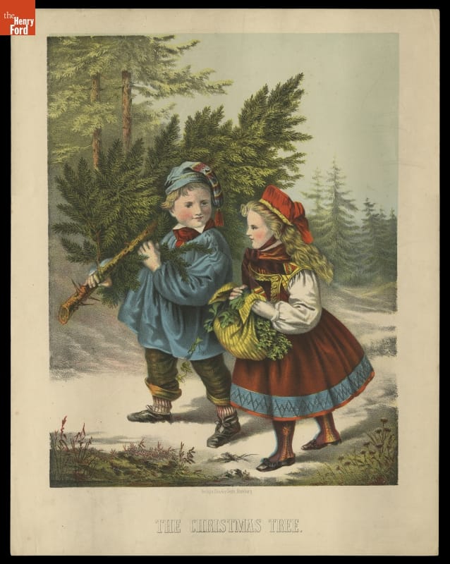 Color Lithograph, "The Christmas Tree," 1856-1866 Snowy woods with young boy carrying evergreen tree and young girl carrying a bundle of greenery