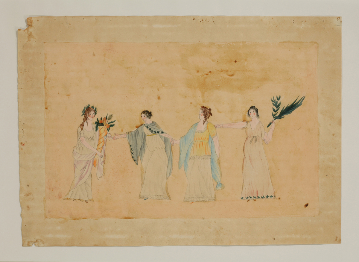 Women in Classical Dress, 1790-1810 Painting of four women in varying styles of white gowns, one holding flowers and one greenery