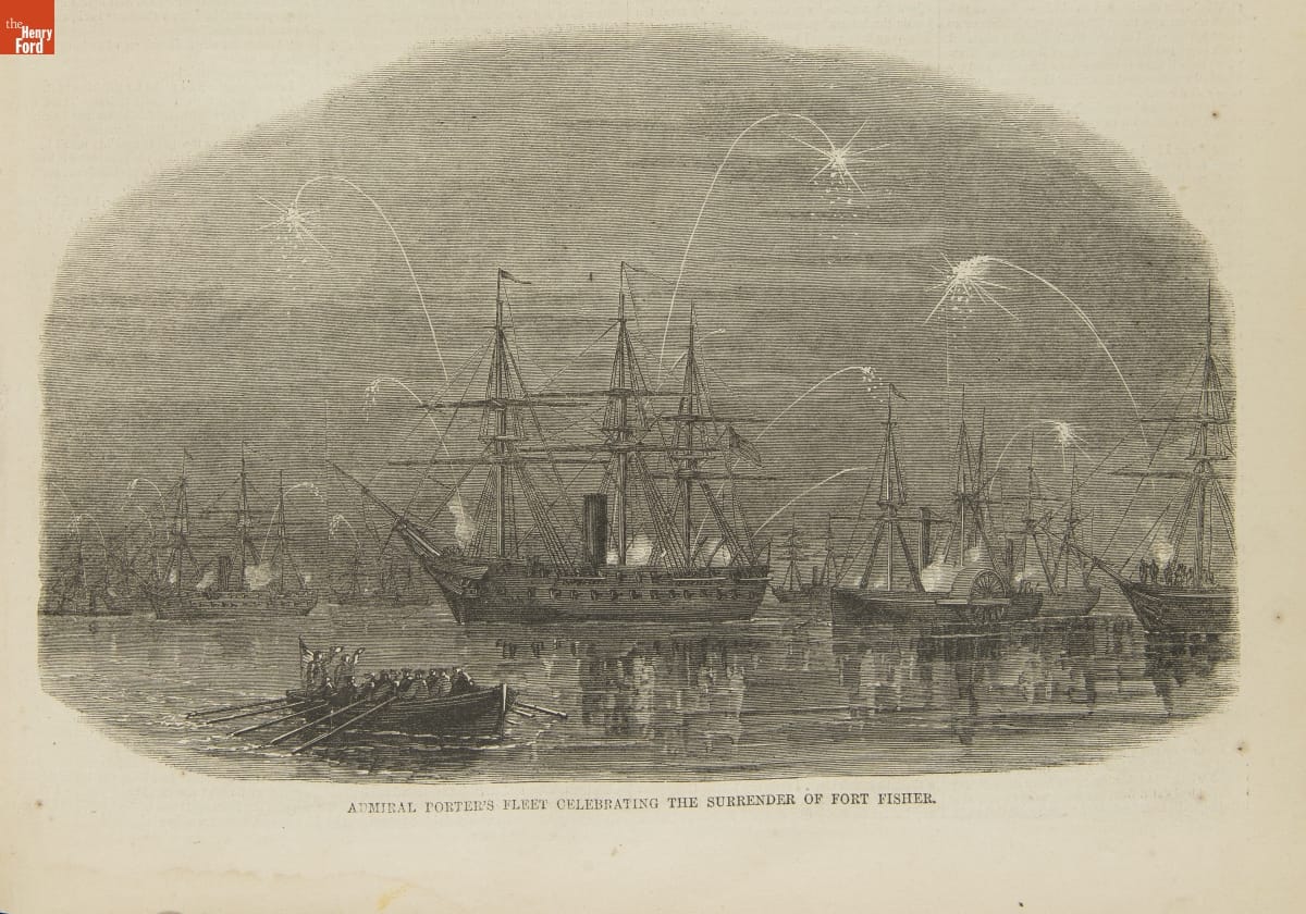 Etching of ships with fireworks bursting above them