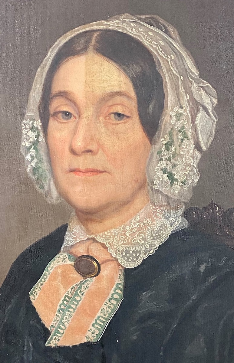 Woman in black dress with white lace collar and bonnet; left side of painting is brighter and lighter than right side