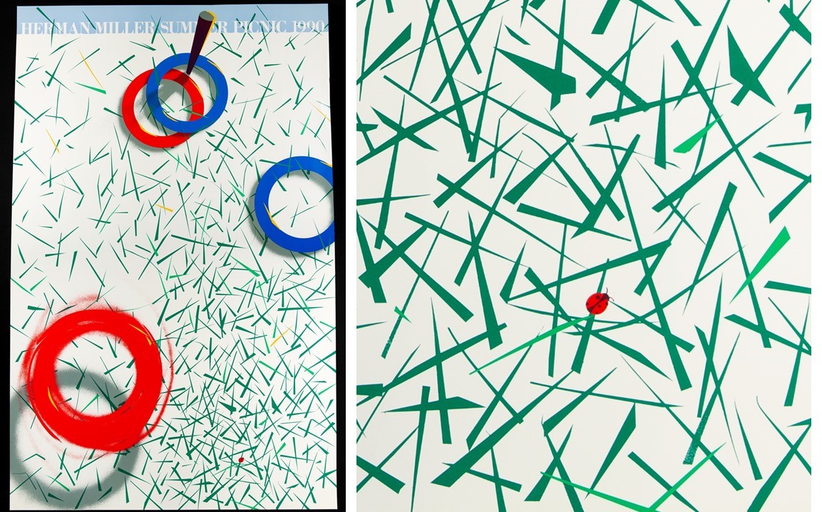 Poster with stylized ring toss game illustration and detail showing ladybug among stylized grass