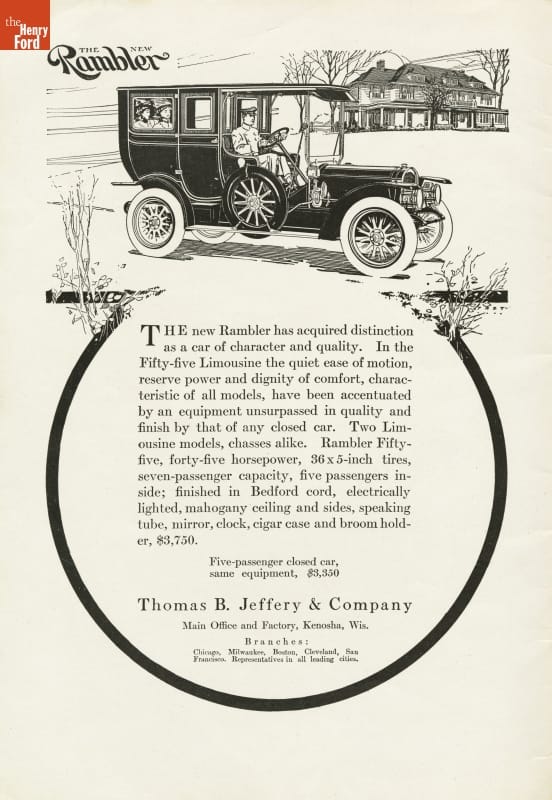 Page with black-and-white illustration of car in front of house at top; text inside circle design at bottom